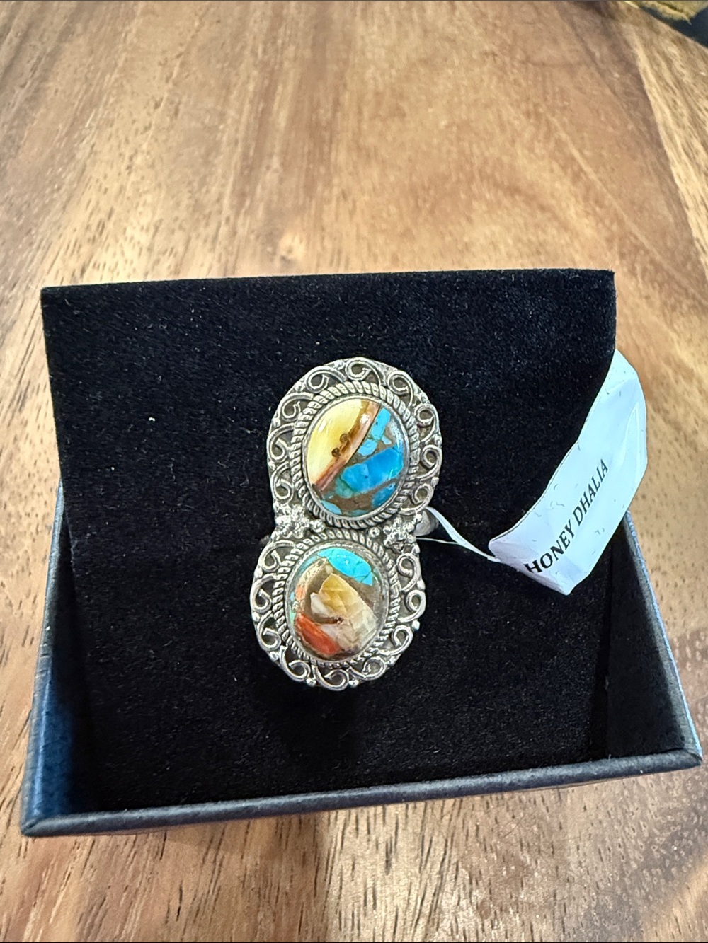 Sterling Aithentic Honey Dalia Turquoise & Multi-Color Double Oval Ring